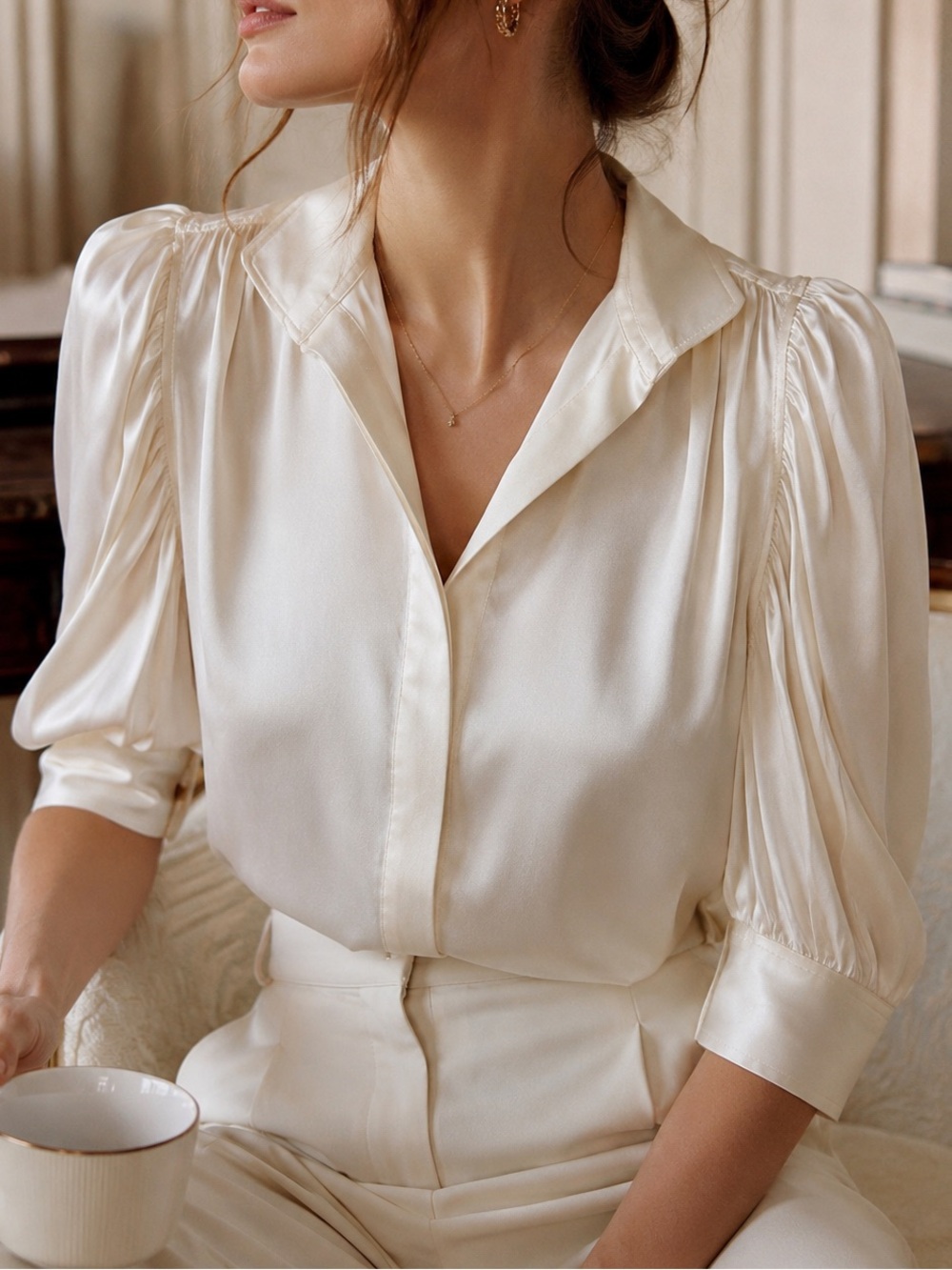 FRAME Gillian Silk Puff Sleeve Blouse Ivory Cream Small
